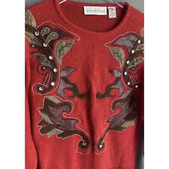Giancarlo Ferranti Red Silk Angora Sweater Leather Applique Gems Vtg Women M - Picture 9 of 10